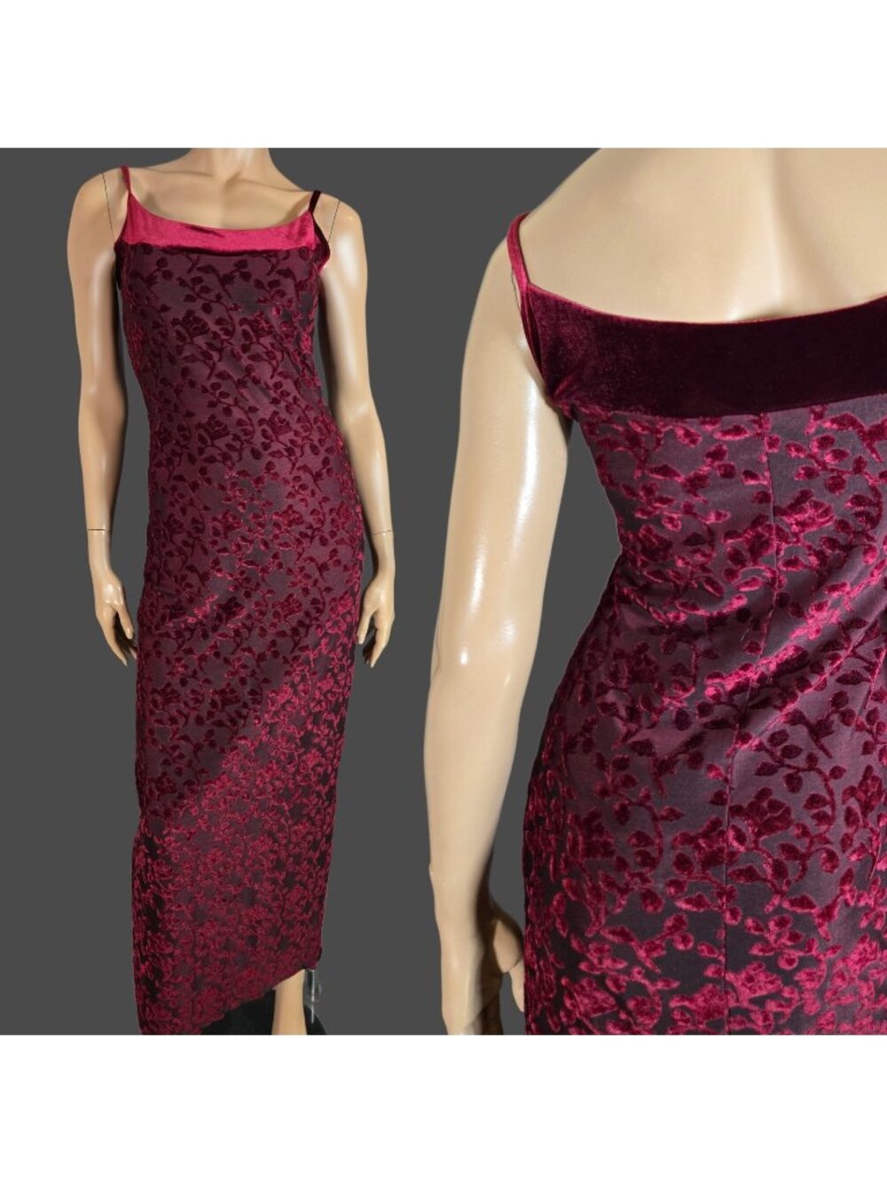 Vintage 90s New Look Burgundy Flocked Velvet Maxi Dress Size S Whimsigoth Vampy
